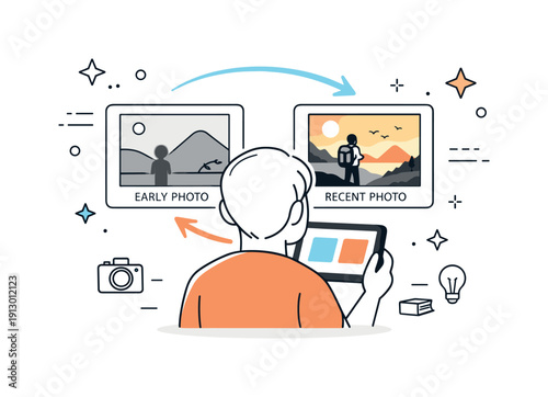 Artistic growth in photography. A person reviewing early and recent photos side by side on a tablet, showing progress and learning with