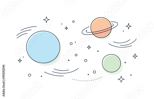 Cosmic glow and floating forms. Abstract editorial scene with softly glowing planets, stars, or orbs floating in space, gentle motion lines