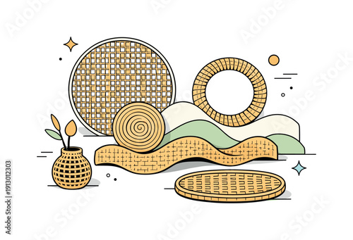 Rattan decor objects. Abstract layout of rattan shapes like circles and waves layered with shadows, inspired by handmade design and organic