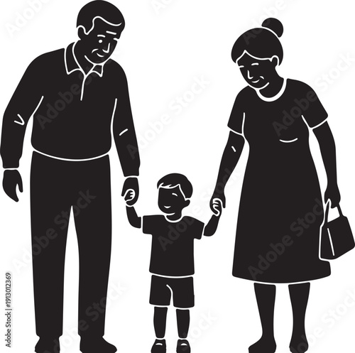Black silhouette of grandparents with child on a white background, minimal outline