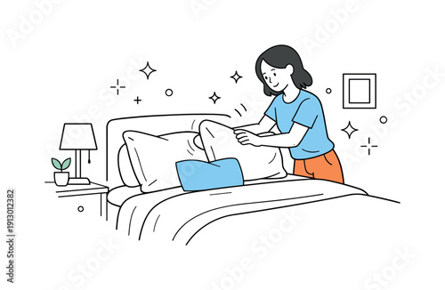 Bedroom pillow refresh. A person fluffing pillows on a neatly made bed, subtle fabric lines and small sparkles suggesting cleanliness and