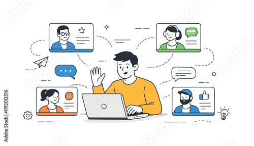 Online freelance community. A freelancer connecting with others through a laptop screen, profile cards and chat bubbles gently appearing,