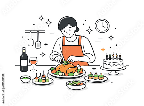 Cooking for special occasions. A person prepares a festive meal in the kitchen, arranging dishes with care and attention. Warm anticipation,