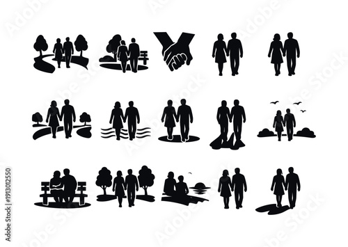 Park Stroll Together. Solid icon set of Park Stroll Together: outdoor pathway, park bench background, leafy trees, couple silhouettes, hand