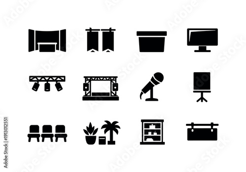 Event Booth Icons. Event Booth. Solid icon set of Event Booth: display booth, exhibition banner, counter table, screen display, lighting fixture, stage area,