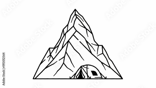 Black and White Mountain Illustration with Tent.