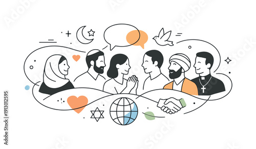 Unity beyond religious differences. Abstract scene with diverse people connected by gentle lines and shapes, representing dialogue and