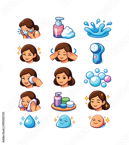 Face cleansing. Colorful isometric vector icons set of face cleansing: washing face, foaming cleanser, water splash, clean skin glow, gentle