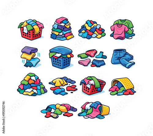Laundry Basket Overflow. Colorful isometric vector icons set of Laundry Basket Overflow: overflowing laundry basket, piled dirty clothes,