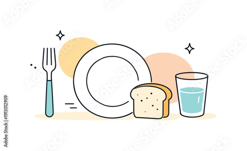 Food and drink minimal illustrations. A clean composition of simple food items like a plate, fork, bread, and a glass, neatly arranged with
