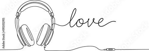 Black line of headphones with love word line black and white music audio