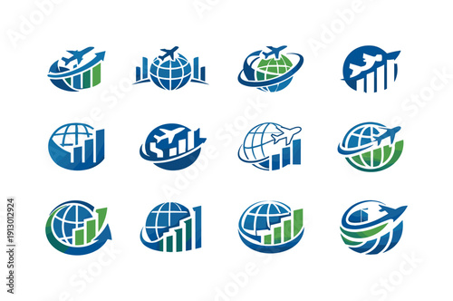 Economic impact of tourism. Icon set. Set Logo of economic impact of tourism: global travel exchange. harmonious logo variations of the same