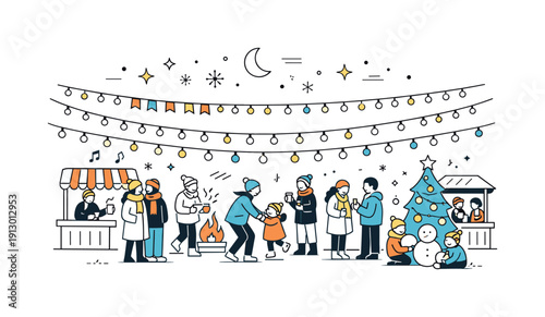 Seasonal celebration atmosphere. A wide scene of winter festival lights, string lights crossing the space with people gathered below.