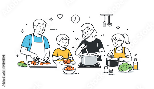Family cooking time. A family cutting vegetables and stirring pots together, calm teamwork and joyful interaction filling a simple modern