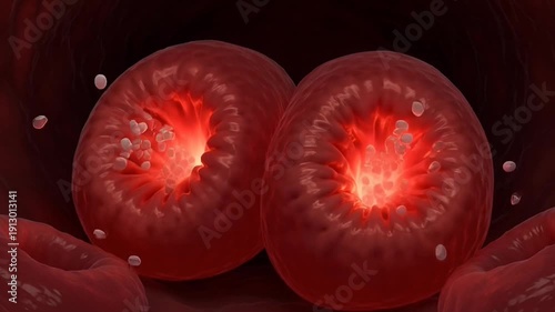 Microscopic View of Two Red Blood Cells Illuminated Internally Floating Within a Dark Blood Vessel With Tiny White Particles Adhering To Their Surfaces Illustrating Oxygen Exchange Or Disease Process