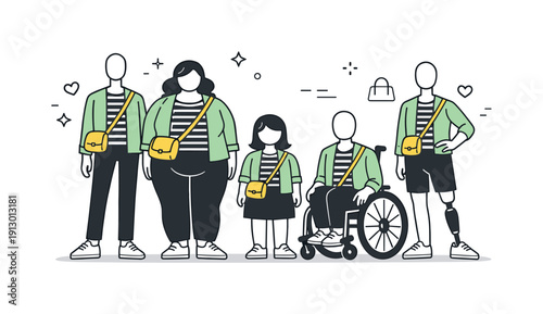 Fashion diversity scene. Several mannequins or characters of different sizes dressed in similar outfits, standing side by side. The scene