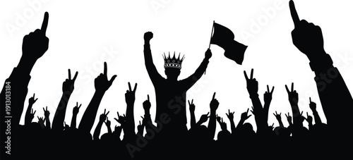 Crowd silhouette with crowned leader holding flag vector illustration showing protest rally celebration people isolated black white background concept design