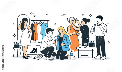 Backstage before the show. Calm behind-the-scenes editorial moment with models preparing outfits, clothes on racks and mirrors suggested with