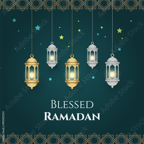 Elegant Blessed Ramadan greeting card with glowing hanging lanterns, stars, and Islamic geometric patterns on dark green background. Perfect for Ramadan Kareem, Eid, and Islamic festive designs.