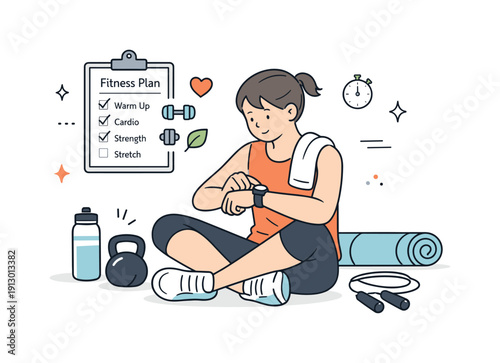 Daily exercise routine. A person checking a fitness plan or smartwatch after a workout, reflecting healthy habits and motivation. The