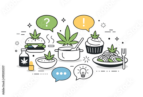 Culinary Cannabis Art. Cannabis culinary culture. Abstract representation of food items combined with plant symbols and conversation bubbles, suggesting