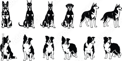 Dog silhouette vector set featuring different breeds standing sitting poses pet animal illustration isolated black white collection for mascot logo design