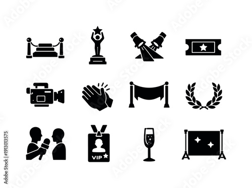 Film Festival. Solid icon set of Film Festival: red carpet, award trophy, spotlight beams, premiere ticket, media camera, applause hands,