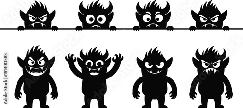 Funny monster silhouette vector set featuring cartoon devil characters spooky creatures illustration isolated black white design collection for Halloween mascot logo