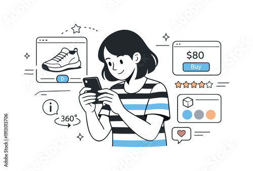AR product visualization. A shopper exploring a virtual product preview through a phone camera, focused and curious. Floating interface