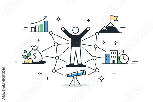 Network-driven success. A central figure supported by a web of connections leading to symbols of growth. Long-term vision, stability and