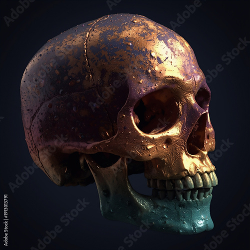 Golden skull with water droplets on dark background