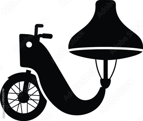 Abstract vector silhouette combining a bicycle front wheel and handlebars with a curved body ending in a stylized lamp shade, creating a unique conceptual design. isolated PNG with Transparent