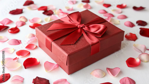 Red Gift Box with Ribbon and Rose Petals on White Background