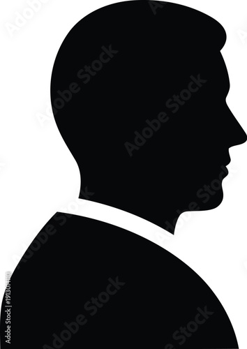 Vector silhouette illustration of a man's head and shoulders in profile, facing right, with a distinct jawline and short hair, suitable for avatar icons or business branding. isolated PNG with