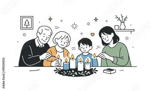 Warm family holiday moment. Candles glowing softly as family members light them together in a simple, uncluttered home interior.
