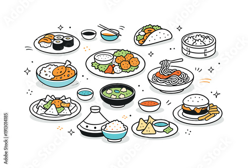 Ethnic dishes. A table with diverse traditional meals from different cultures, small plates arranged neatly, calm global food mood. Friendly