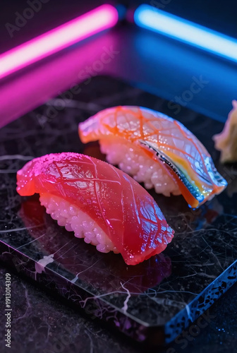 Vibrant sushi pieces on a modern black marble plate