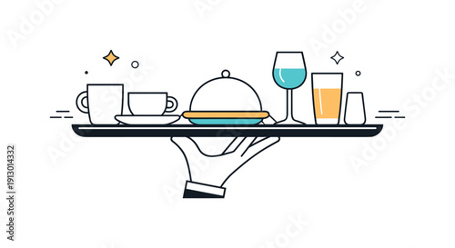 Waiter tray. Abstract view of a tray floating with cups and plates arranged symmetrically. A clean visual metaphor for balance and service