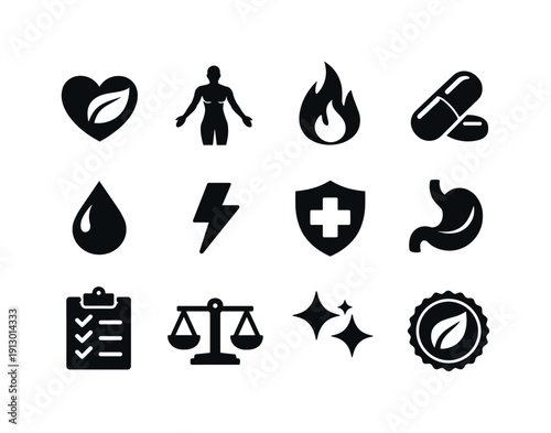 A close-up of fresh fruits and vegetables, promoting a healthy diet. Solid icon set of wellness nutrition: heart with leaf, healthy body