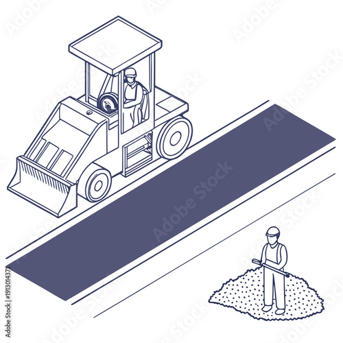 Asphalt paver machine laying fresh road surface, vector illustration
