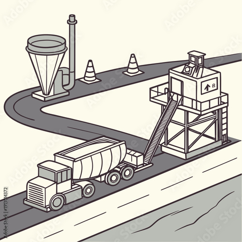 Asphalt plant machinery near road construction site, vector art