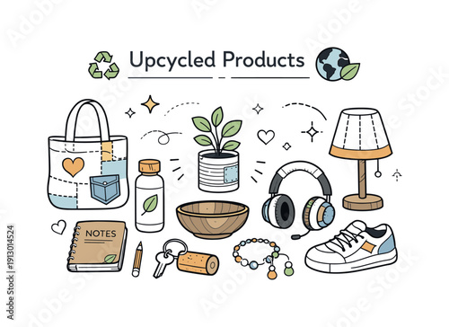Upcycled products overview. Calm editorial scene showing a collection of everyday items made from reused materials, neatly arranged with