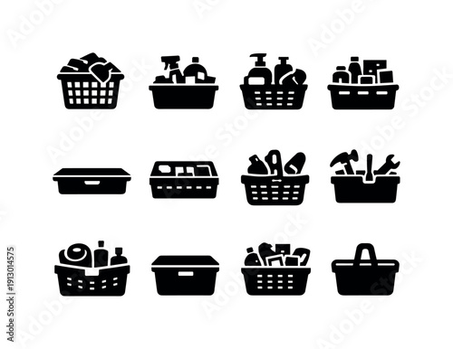 Utility baskets. Solid icon set of utility baskets: laundry basket with clothes, cleaning basket, bathroom storage basket, pantry bin, under