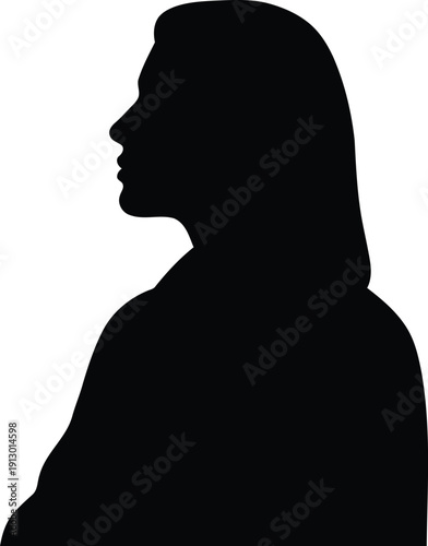 Vector silhouette profile of a woman with long hair, facing left, depicting an anonymous person for privacy or conceptual design. isolated PNG with Transparent Background
