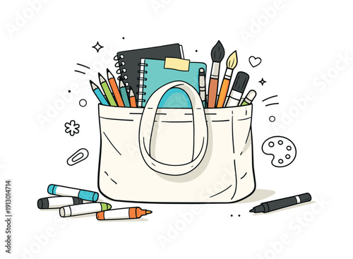 Creative Tote Essentials. Art materials in a tote bag. Tote bag filled with colored pencils, brushes, sketchbooks, and markers spilling gently out. Calm,