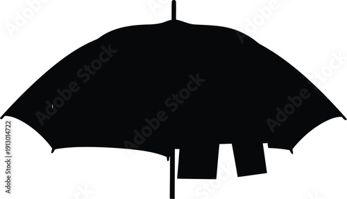 Black vector silhouette of an open umbrella with a curved canopy and a straight handle, suitable for weather icons or rain protection illustrations. isolated PNG with Transparent Background