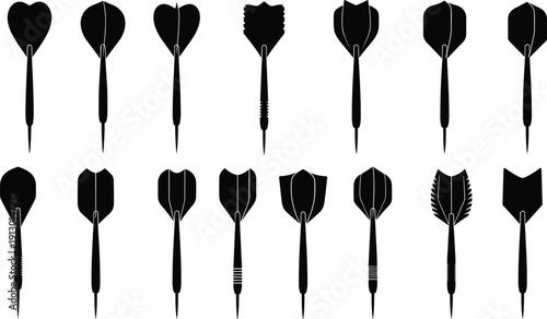 Black silhouettes of darts with various shaped tips and tails white background