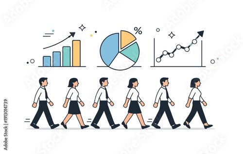 Life reduced to KPIs in corporate culture. Team members aligned neatly under uniform charts, moving in sync without interaction. The mood
