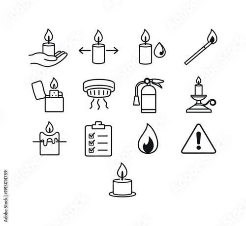   Candle safety lighting. Line outline icon set of candle safety lighting: safe lighting hand,