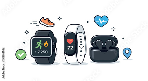 Wearable fitness technology. Smartwatch, fitness band, and wireless earbuds arranged neatly with activity and pulse icons nearby. Personal